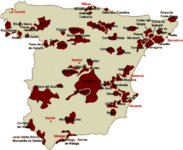 Mapa Hiszpanii - regiony winarskie